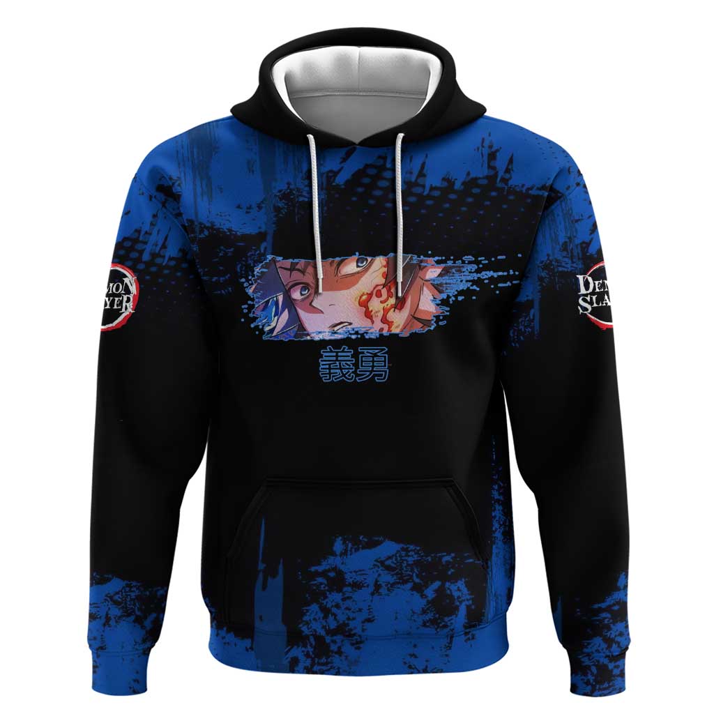 Giyu Tomioka Demon Slayer Blue Grunge Design Zip Hoodie with Intense Eyes and Sword Stance - The Mazicc