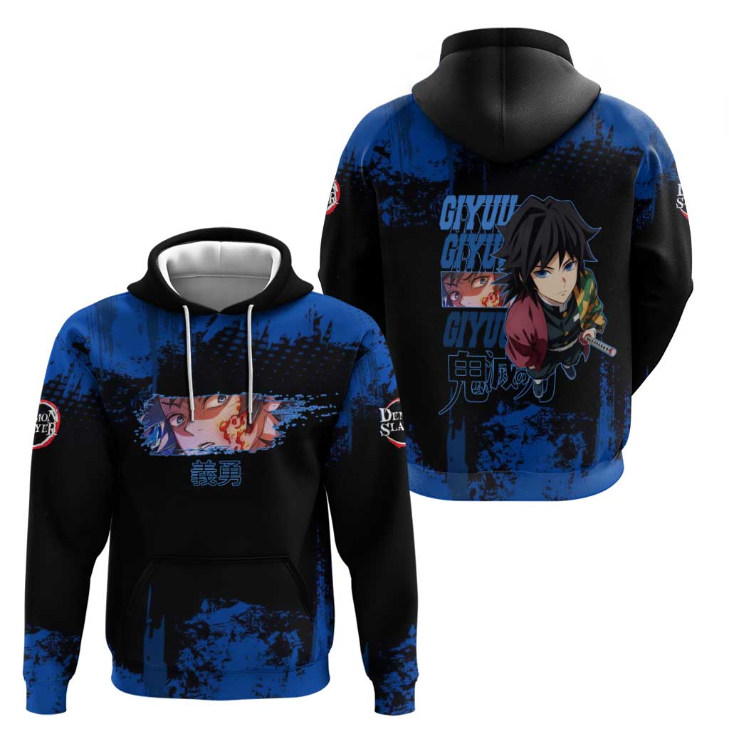 Giyu Tomioka Demon Slayer Blue Grunge Design Zip Hoodie with Intense Eyes and Sword Stance - The Mazicc