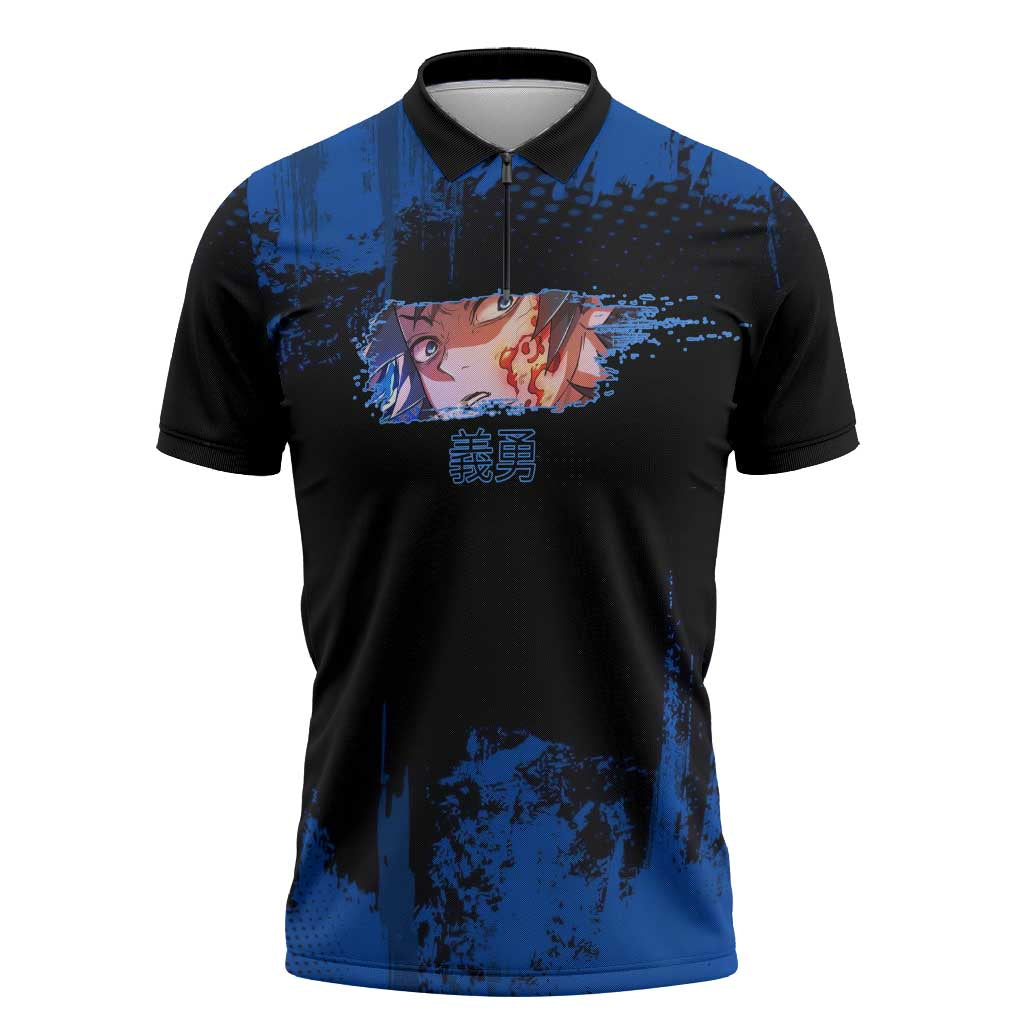 Giyu Tomioka Demon Slayer Blue Grunge Design Zipper Polo Shirt with Intense Eyes and Sword Stance - The Mazicc