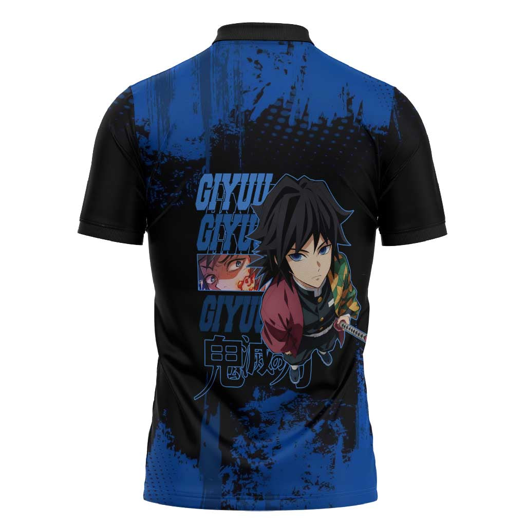 Giyu Tomioka Demon Slayer Blue Grunge Design Zipper Polo Shirt with Intense Eyes and Sword Stance - The Mazicc