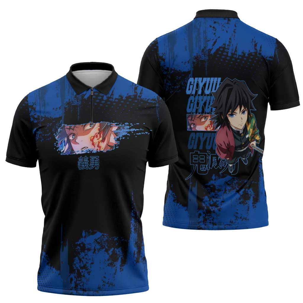 Giyu Tomioka Demon Slayer Blue Grunge Design Zipper Polo Shirt with Intense Eyes and Sword Stance - The Mazicc