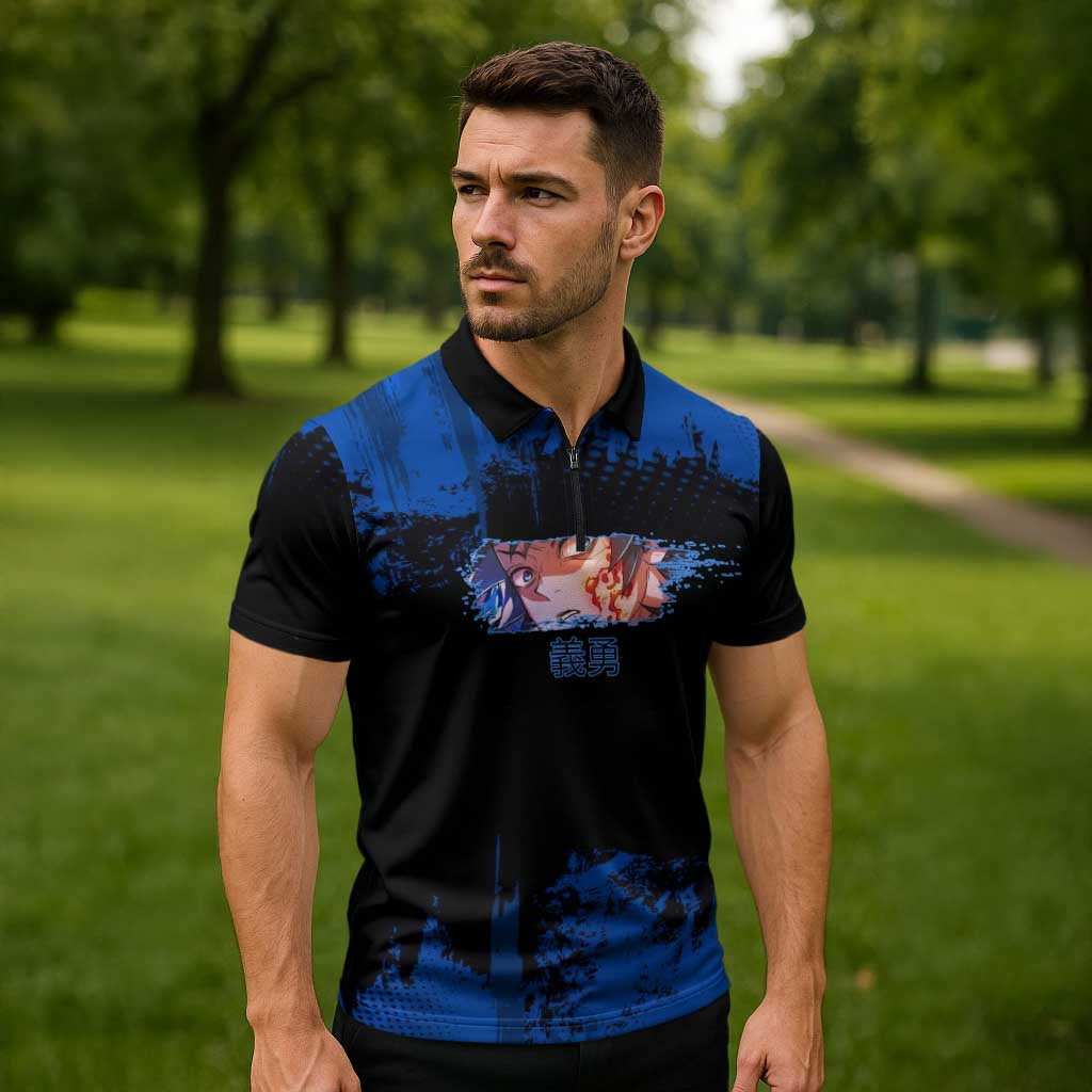 Giyu Tomioka Demon Slayer Blue Grunge Design Zipper Polo Shirt with Intense Eyes and Sword Stance - The Mazicc