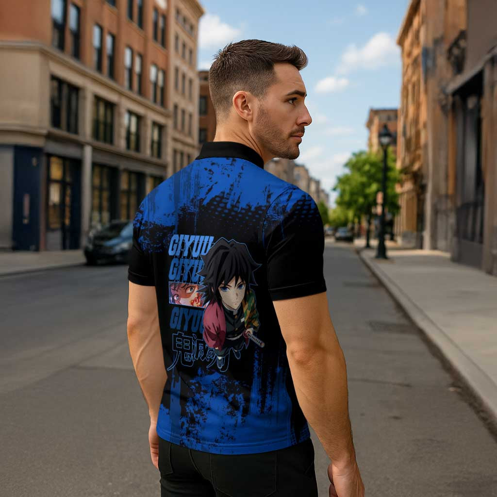 Giyu Tomioka Demon Slayer Blue Grunge Design Zipper Polo Shirt with Intense Eyes and Sword Stance - The Mazicc