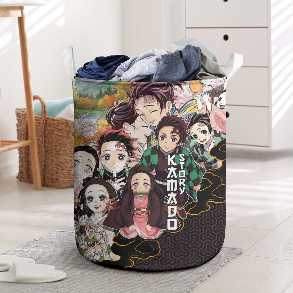 Kamado Siblings Demon Slayer Collage Design Laundry Basket with Tanjiro and Nezuko in Scenic Background - The Mazicc