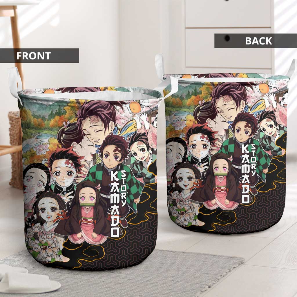 Kamado Siblings Demon Slayer Collage Design Laundry Basket with Tanjiro and Nezuko in Scenic Background - The Mazicc