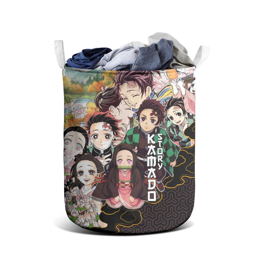 Kamado Siblings Demon Slayer Collage Design Laundry Basket with Tanjiro and Nezuko in Scenic Background - The Mazicc