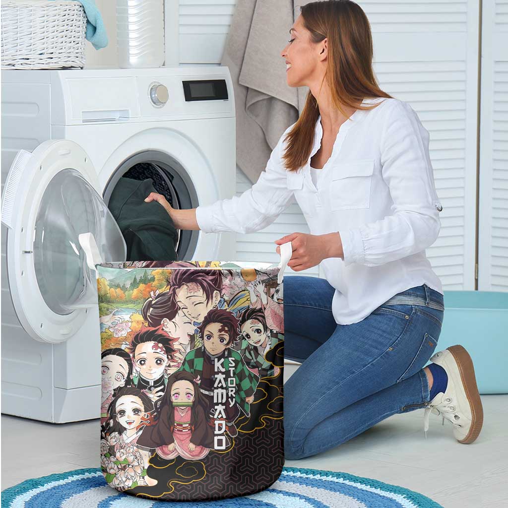 Kamado Siblings Demon Slayer Collage Design Laundry Basket with Tanjiro and Nezuko in Scenic Background - The Mazicc