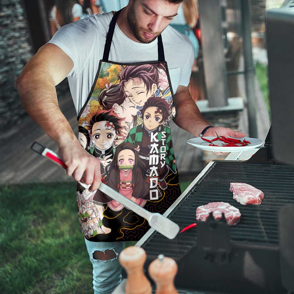 Kamado Siblings Demon Slayer Collage Design Apron with Tanjiro and Nezuko in Scenic Background - The Mazicc