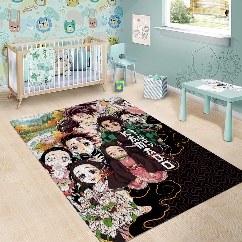 Kamado Siblings Demon Slayer Collage Design Area Rug with Tanjiro and Nezuko in Scenic Background - The Mazicc