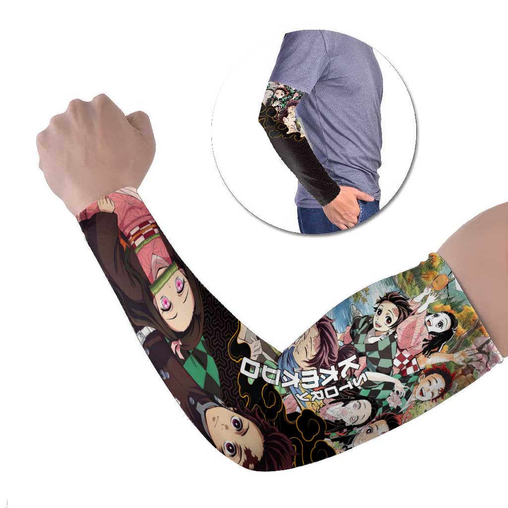 Kamado Siblings Demon Slayer Collage Design Arm Sleeves with Tanjiro and Nezuko in Scenic Background - The Mazicc