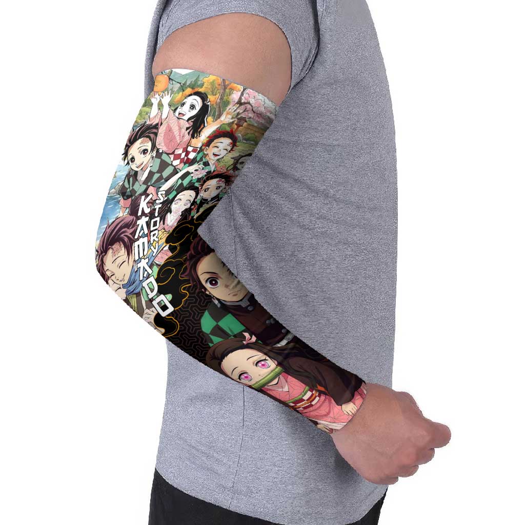 Kamado Siblings Demon Slayer Collage Design Arm Sleeves with Tanjiro and Nezuko in Scenic Background - The Mazicc