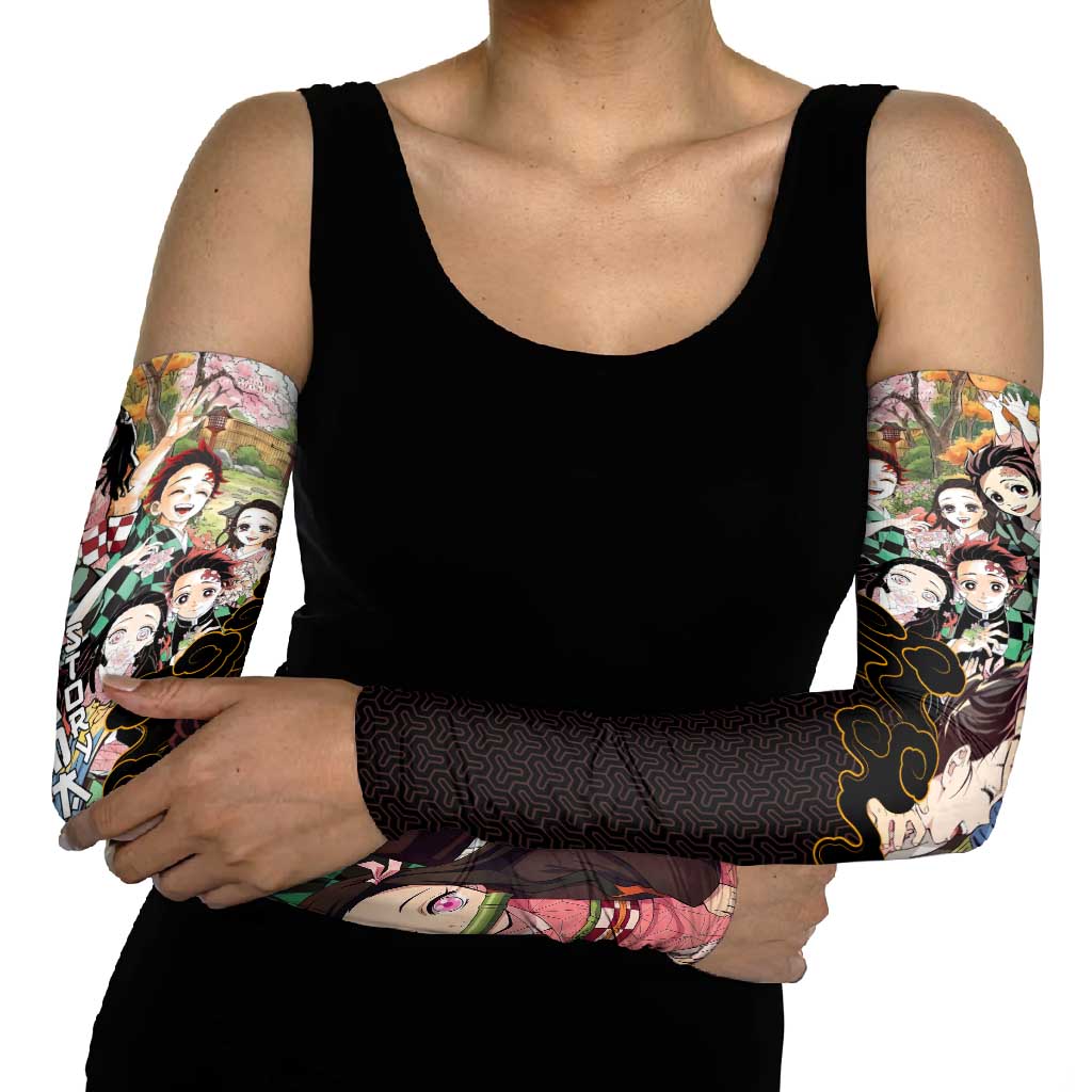Kamado Siblings Demon Slayer Collage Design Arm Sleeves with Tanjiro and Nezuko in Scenic Background - The Mazicc