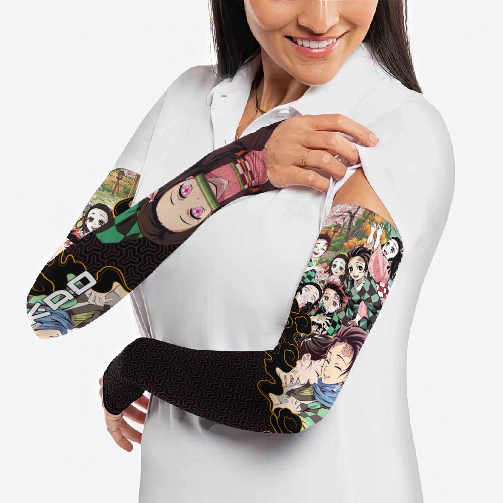 Kamado Siblings Demon Slayer Collage Design Arm Sleeves with Tanjiro and Nezuko in Scenic Background - The Mazicc