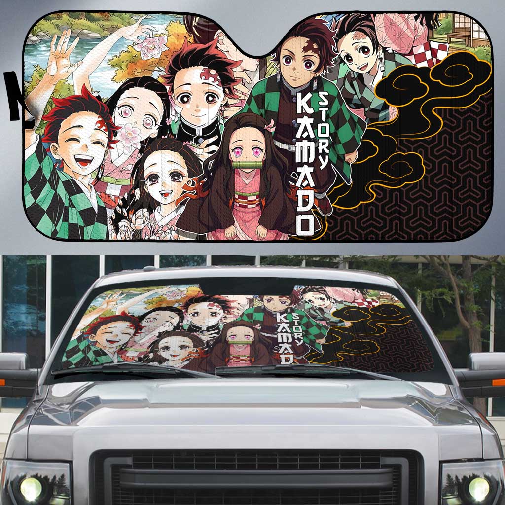 Kamado Siblings Demon Slayer Collage Design Auto Sun Shade with Tanjiro and Nezuko in Scenic Background - The Mazicc