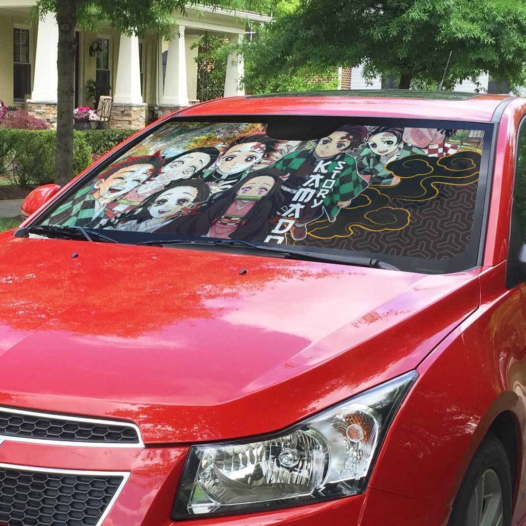 Kamado Siblings Demon Slayer Collage Design Auto Sun Shade with Tanjiro and Nezuko in Scenic Background - The Mazicc