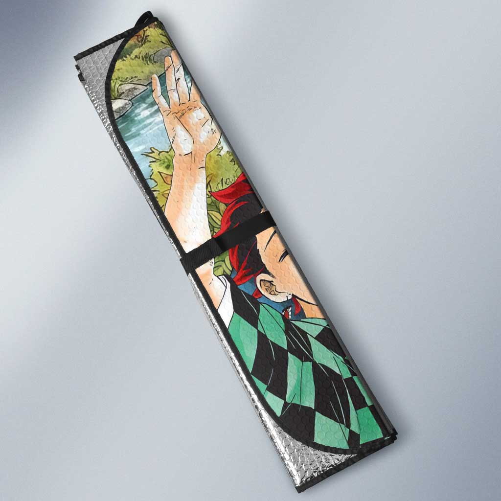 Kamado Siblings Demon Slayer Collage Design Auto Sun Shade with Tanjiro and Nezuko in Scenic Background - The Mazicc