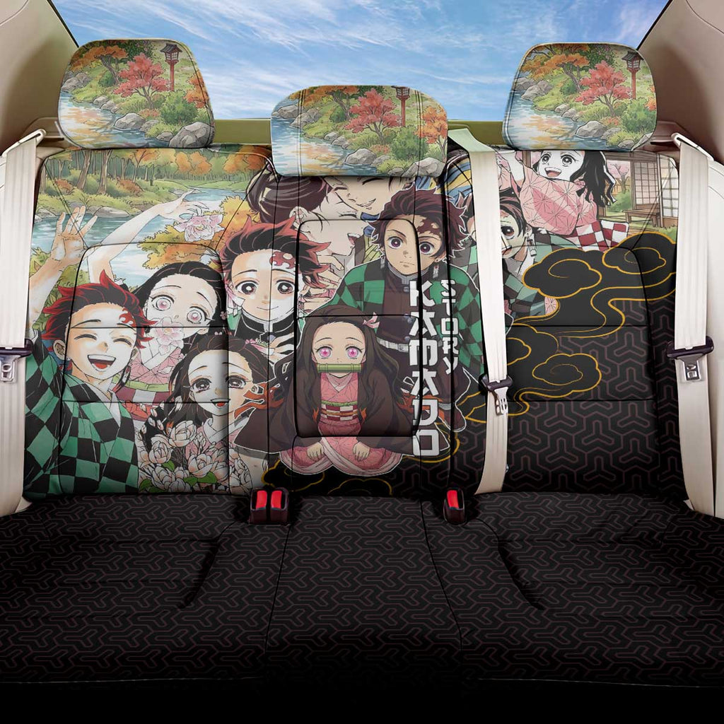Kamado Siblings Demon Slayer Collage Design Back Car Seat Cover with Tanjiro and Nezuko in Scenic Background - The Mazicc
