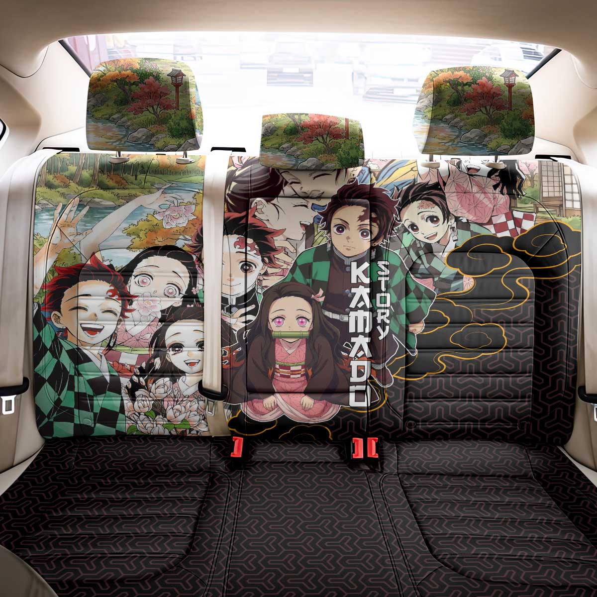 Kamado Siblings Demon Slayer Collage Design Back Car Seat Cover with Tanjiro and Nezuko in Scenic Background - The Mazicc