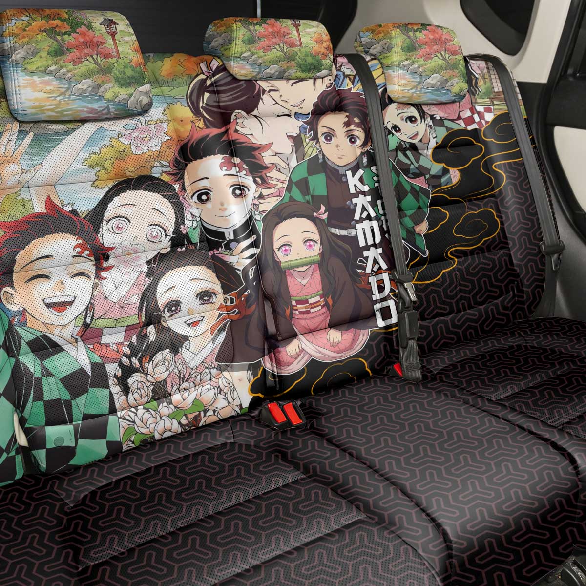 Kamado Siblings Demon Slayer Collage Design Back Car Seat Cover with Tanjiro and Nezuko in Scenic Background - The Mazicc