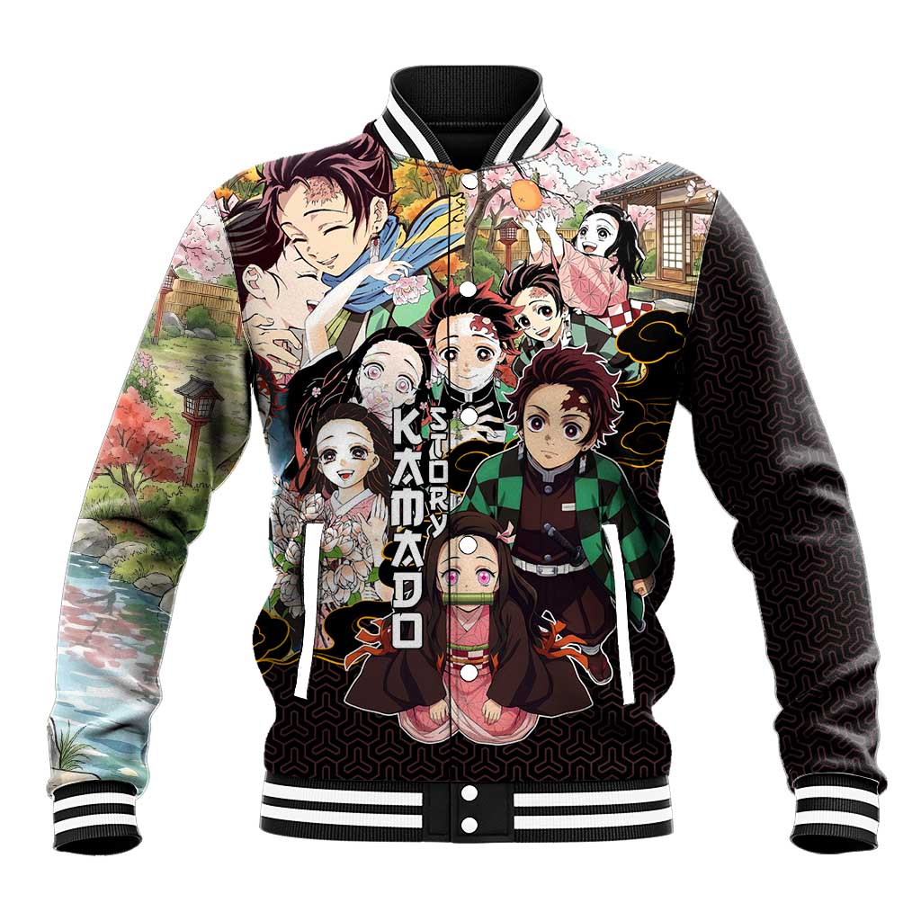 Kamado Siblings Demon Slayer Collage Design Baseball Jacket with Tanjiro and Nezuko in Scenic Background - The Mazicc