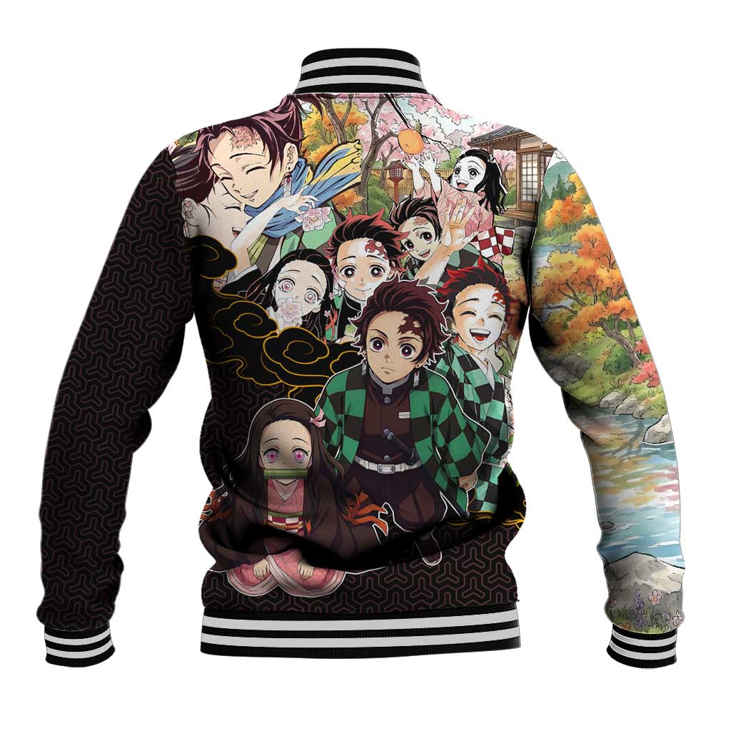 Kamado Siblings Demon Slayer Collage Design Baseball Jacket with Tanjiro and Nezuko in Scenic Background - The Mazicc