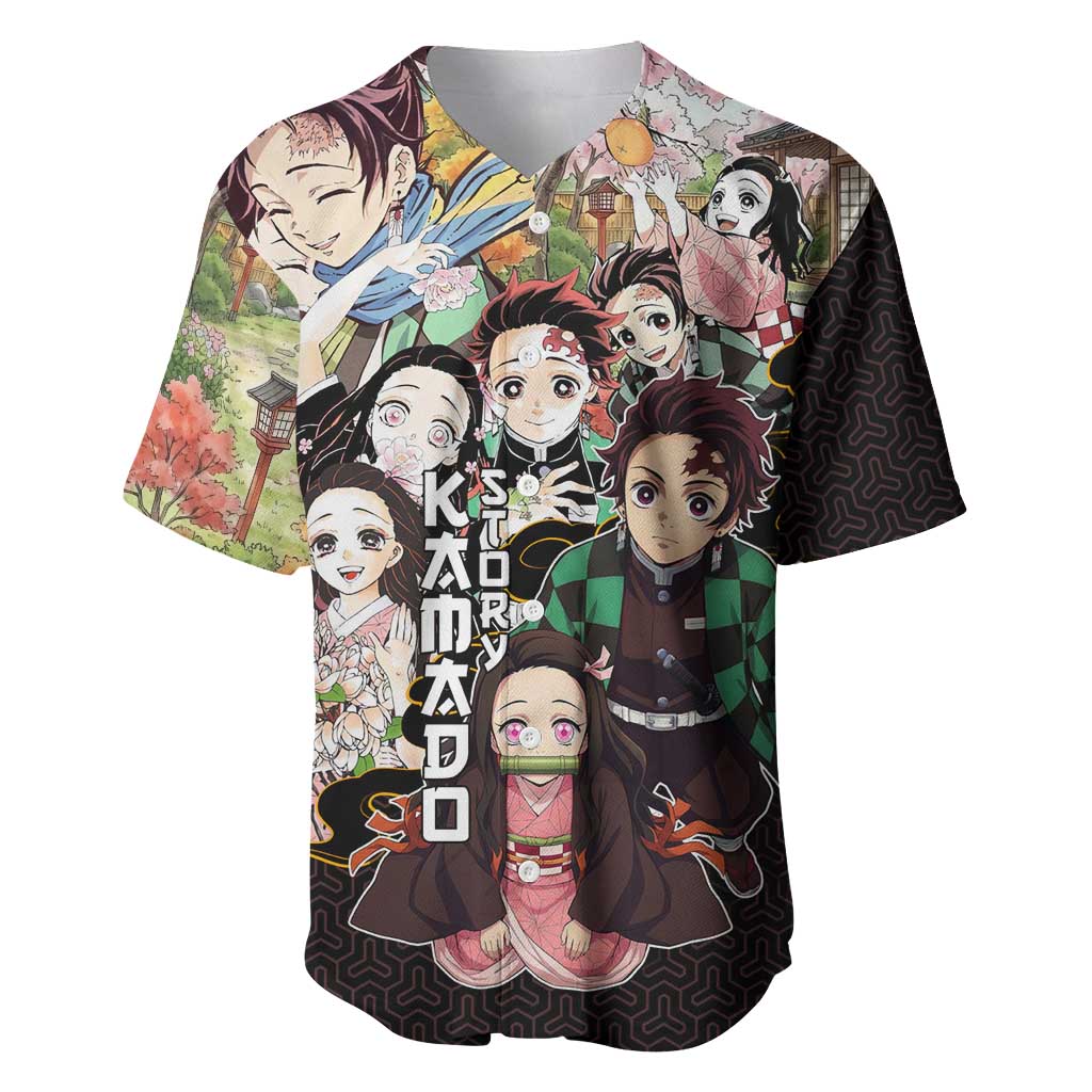 Kamado Siblings Demon Slayer Collage Design Baseball Jersey with Tanjiro and Nezuko in Scenic Background - The Mazicc