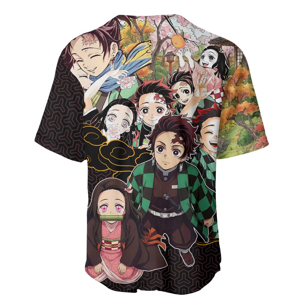 Kamado Siblings Demon Slayer Collage Design Baseball Jersey with Tanjiro and Nezuko in Scenic Background - The Mazicc