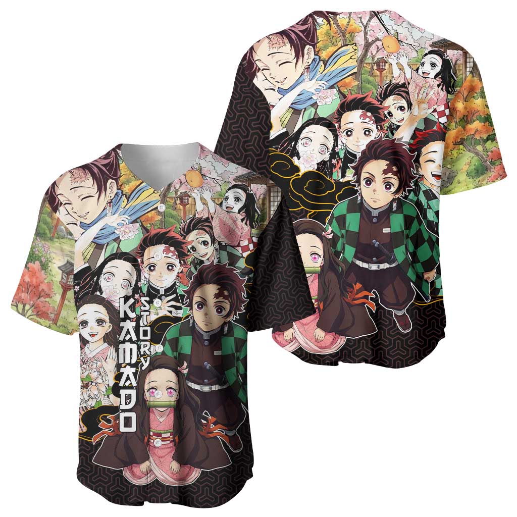 Kamado Siblings Demon Slayer Collage Design Baseball Jersey with Tanjiro and Nezuko in Scenic Background - The Mazicc