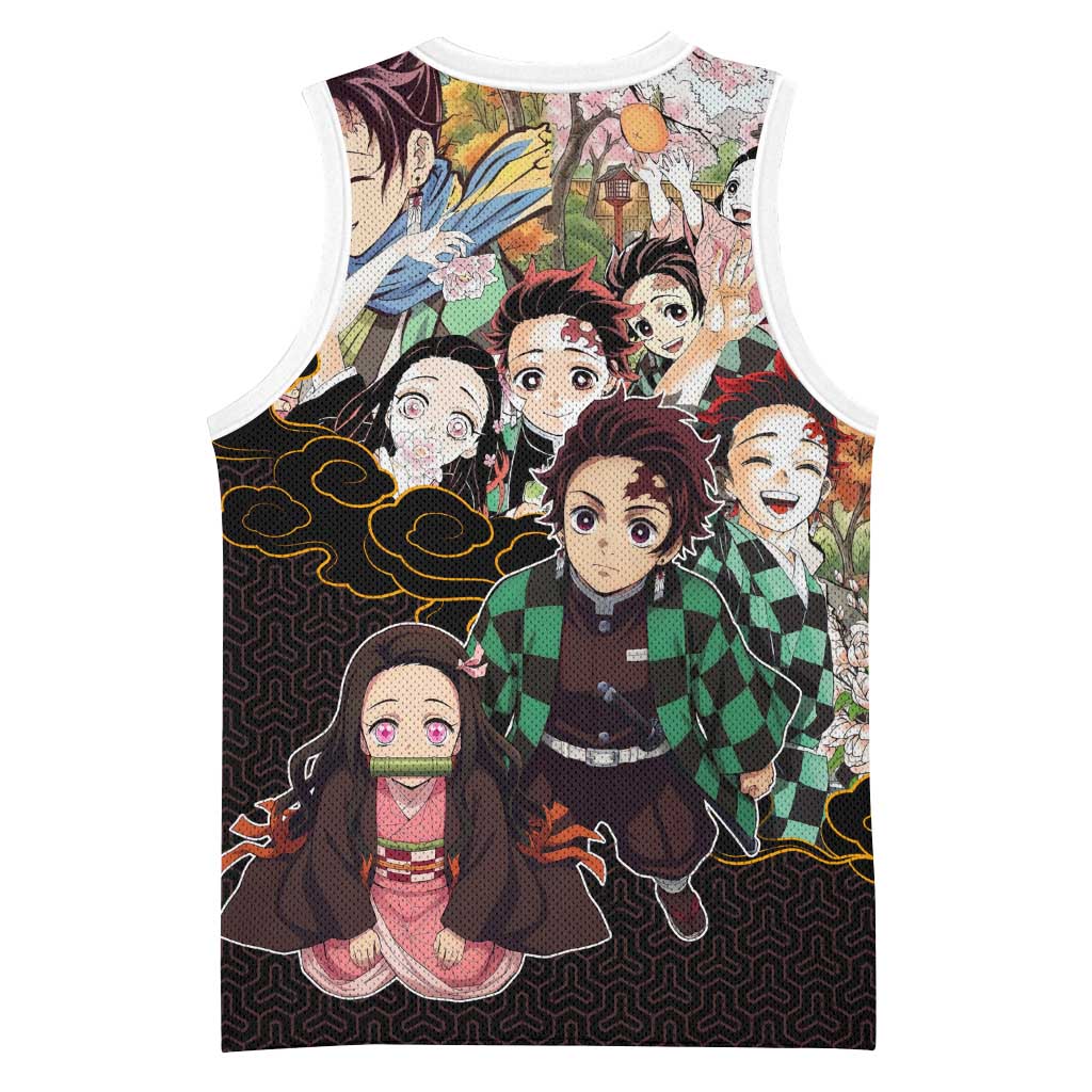 Kamado Siblings Demon Slayer Collage Design Basketball Jersey with Tanjiro and Nezuko in Scenic Background - The Mazicc
