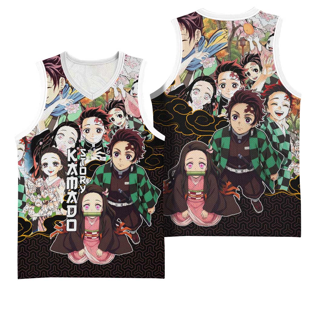 Kamado Siblings Demon Slayer Collage Design Basketball Jersey with Tanjiro and Nezuko in Scenic Background - The Mazicc