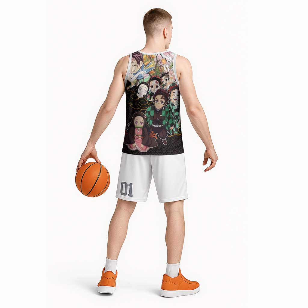 Kamado Siblings Demon Slayer Collage Design Basketball Jersey with Tanjiro and Nezuko in Scenic Background - The Mazicc