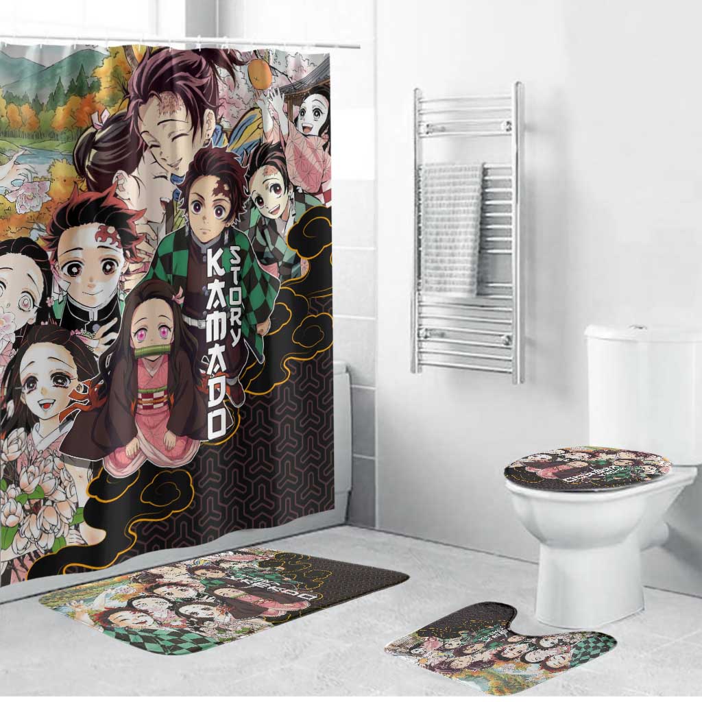 Kamado Siblings Demon Slayer Collage Design Bathroom Set with Tanjiro and Nezuko in Scenic Background - The Mazicc