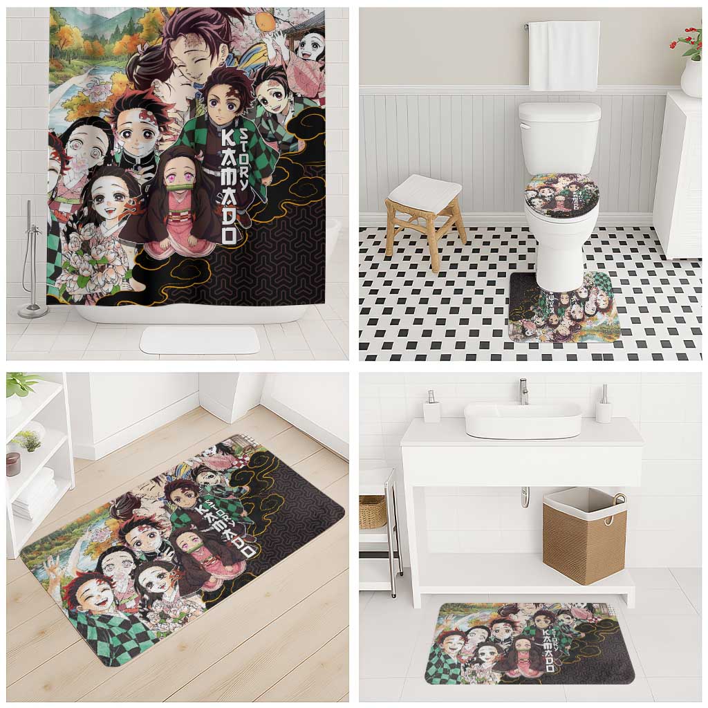 Kamado Siblings Demon Slayer Collage Design Bathroom Set with Tanjiro and Nezuko in Scenic Background - The Mazicc