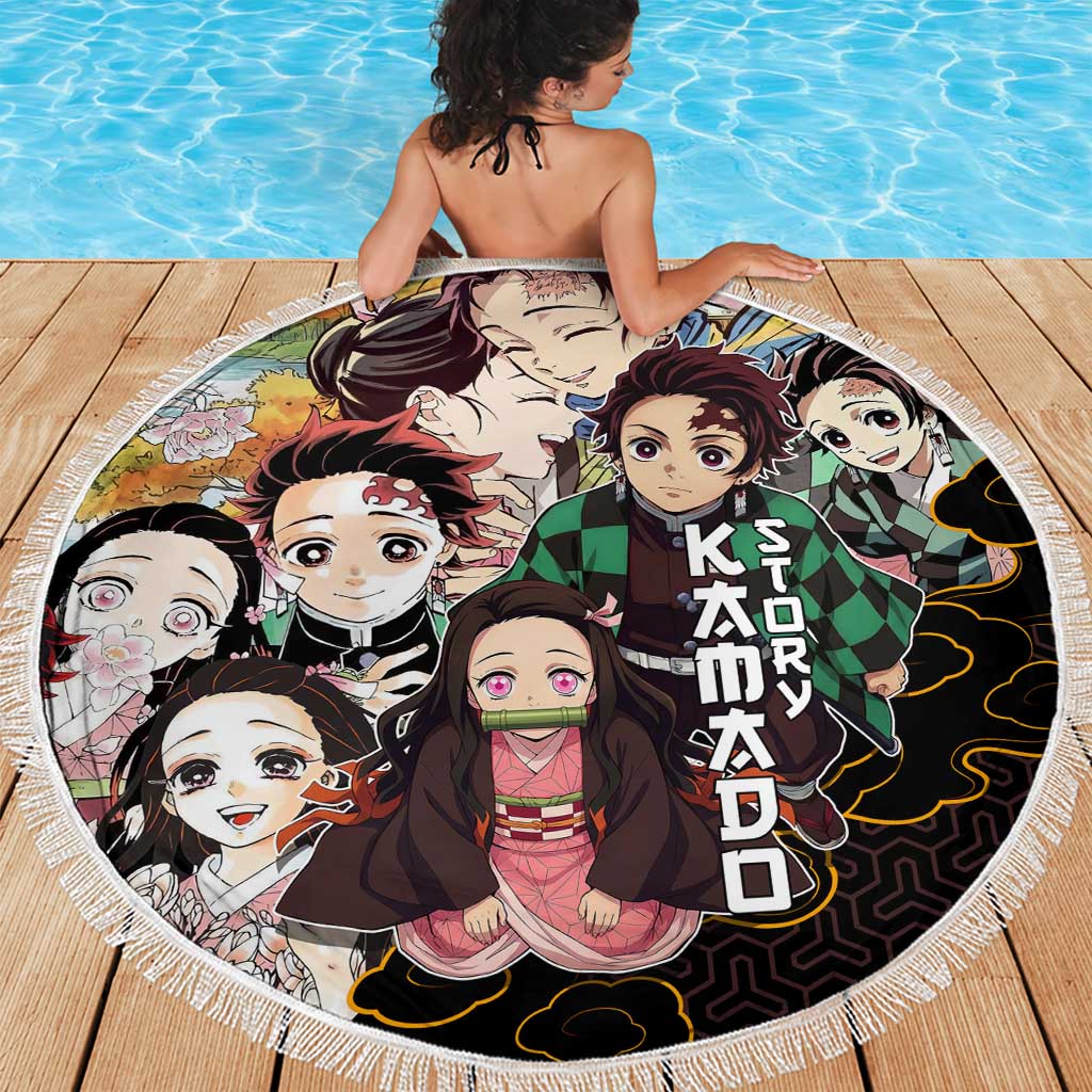 Kamado Siblings Demon Slayer Collage Design Beach Blanket with Tanjiro and Nezuko in Scenic Background - The Mazicc