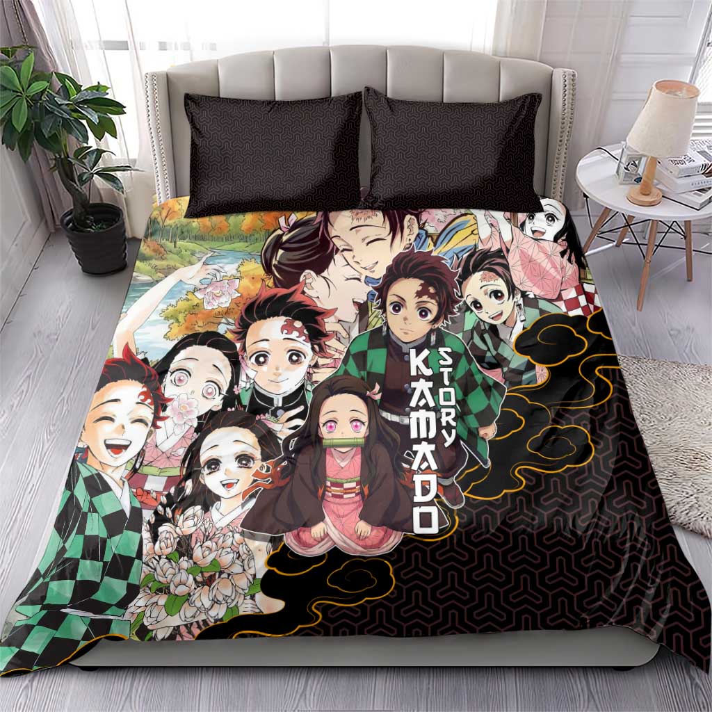 Kamado Siblings Demon Slayer Collage Design Bedding Set with Tanjiro and Nezuko in Scenic Background - The Mazicc