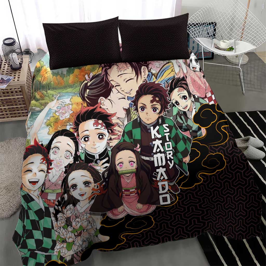 Kamado Siblings Demon Slayer Collage Design Bedding Set with Tanjiro and Nezuko in Scenic Background - The Mazicc