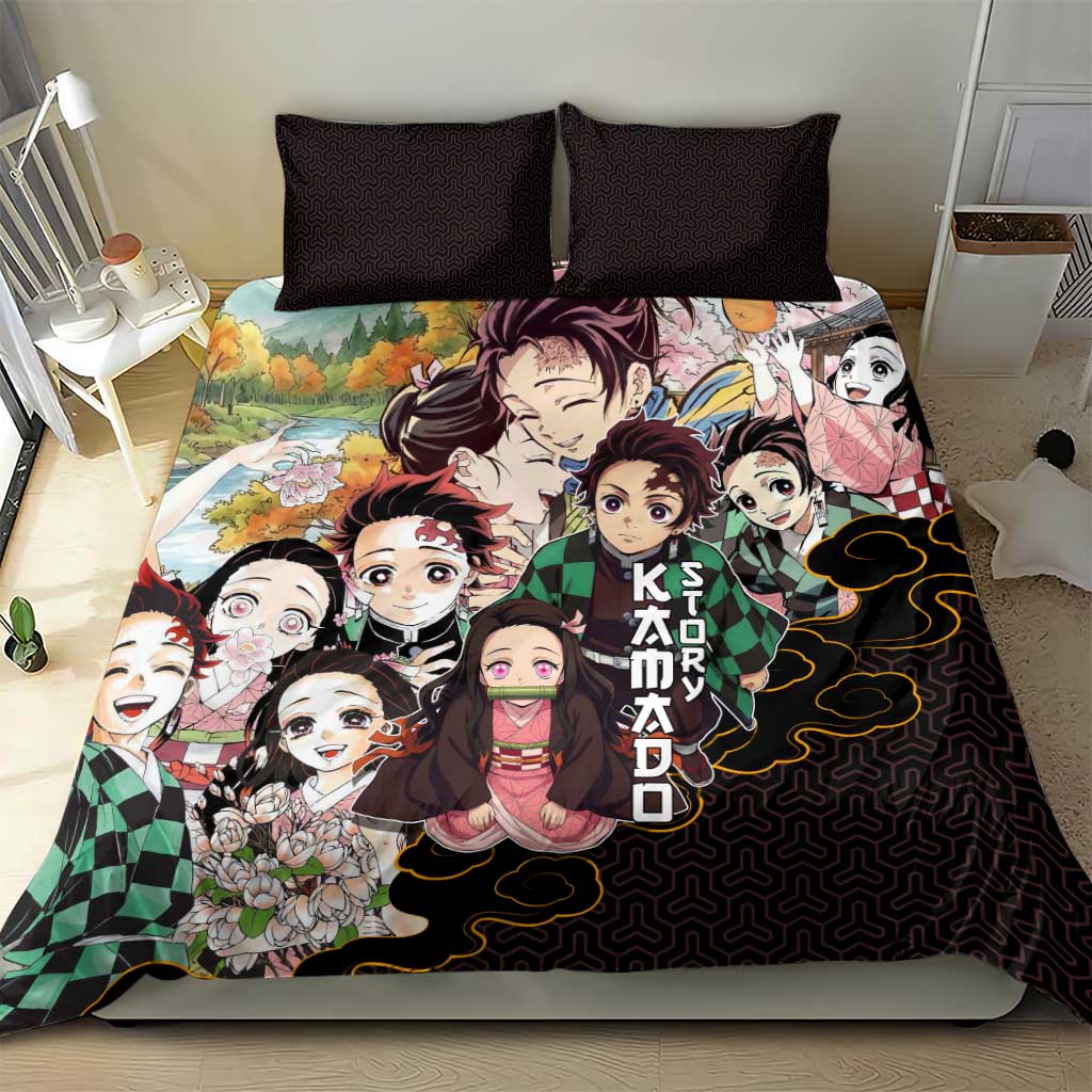 Kamado Siblings Demon Slayer Collage Design Bedding Set with Tanjiro and Nezuko in Scenic Background - The Mazicc
