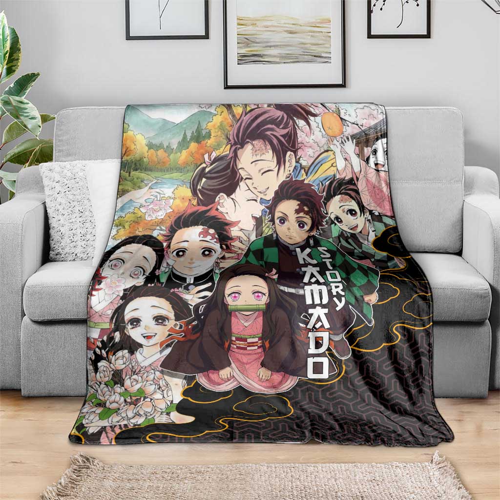 Kamado Siblings Demon Slayer Collage Design Blanket with Tanjiro and Nezuko in Scenic Background - The Mazicc