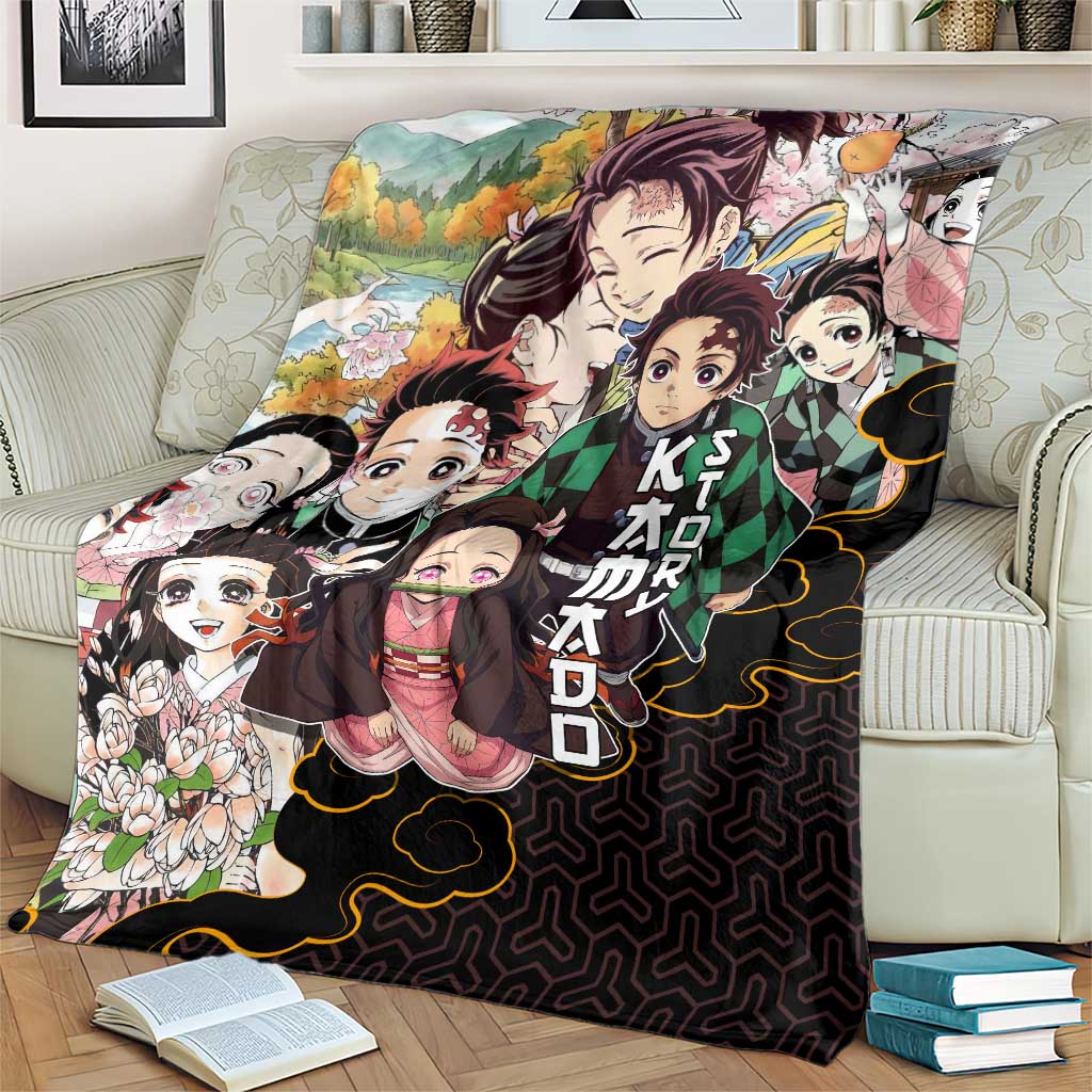 Kamado Siblings Demon Slayer Collage Design Blanket with Tanjiro and Nezuko in Scenic Background - The Mazicc