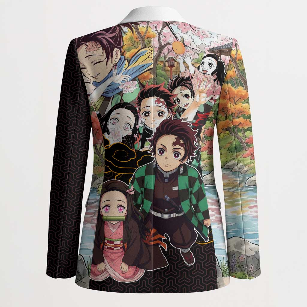 Kamado Siblings Demon Slayer Collage Design Blazer with Tanjiro and Nezuko in Scenic Background - The Mazicc