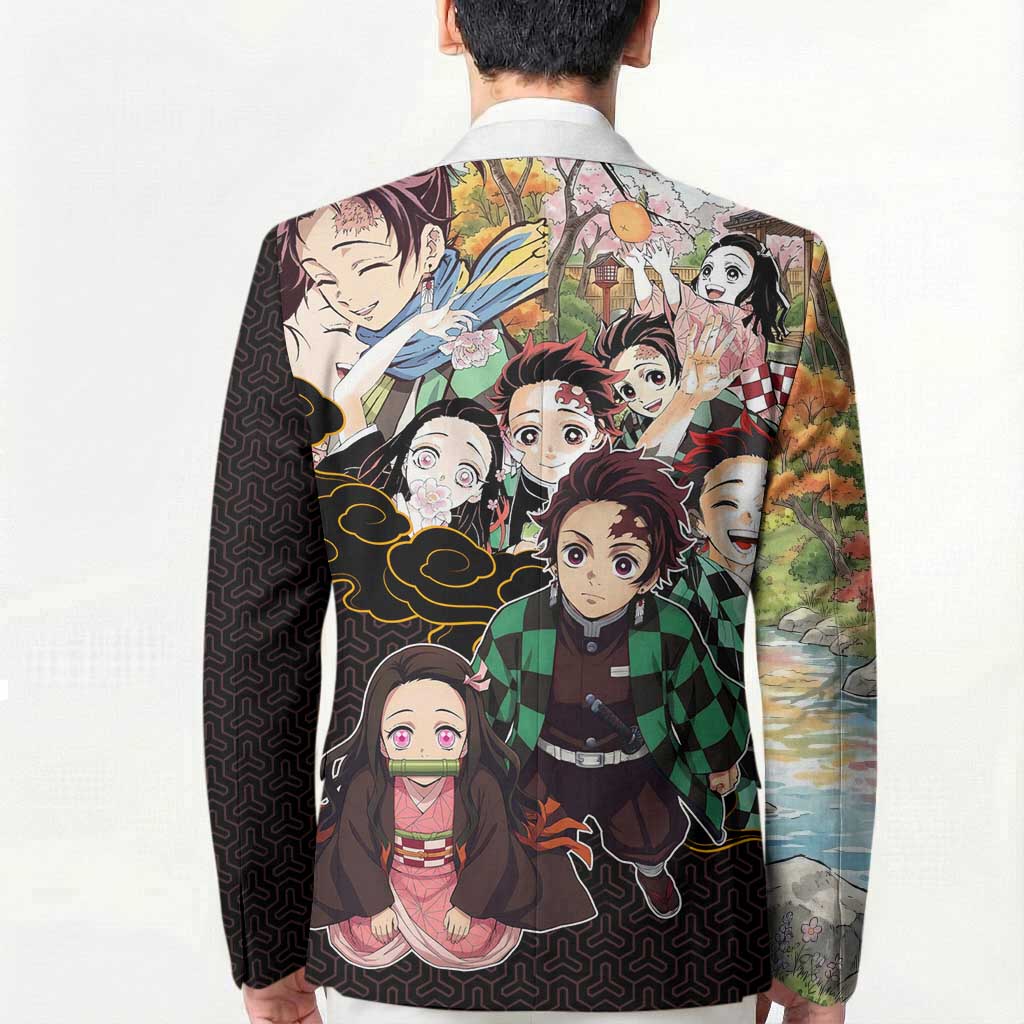 Kamado Siblings Demon Slayer Collage Design Blazer with Tanjiro and Nezuko in Scenic Background - The Mazicc