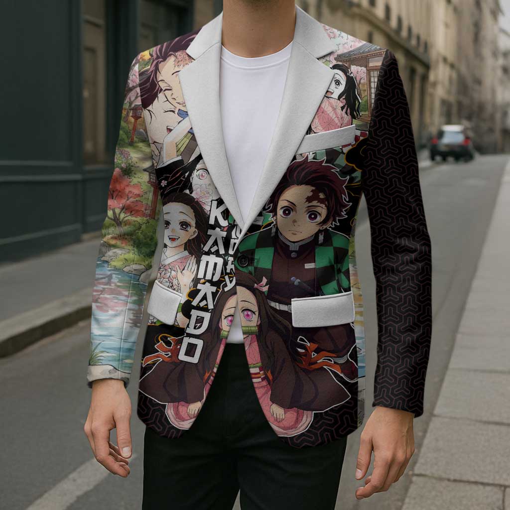 Kamado Siblings Demon Slayer Collage Design Blazer with Tanjiro and Nezuko in Scenic Background - The Mazicc