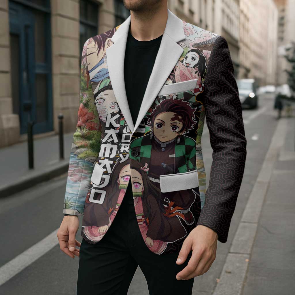 Kamado Siblings Demon Slayer Collage Design Blazer with Tanjiro and Nezuko in Scenic Background - The Mazicc