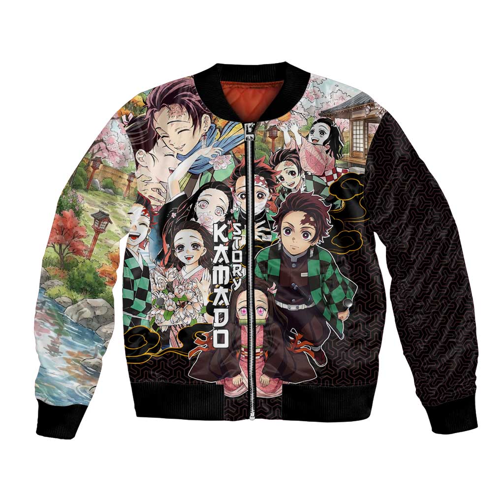 Kamado Siblings Demon Slayer Collage Design Bomber Jacket with Tanjiro and Nezuko in Scenic Background - The Mazicc