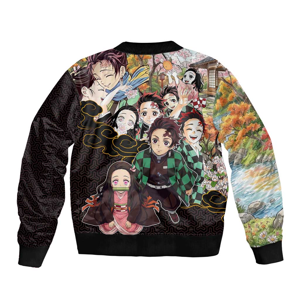 Kamado Siblings Demon Slayer Collage Design Bomber Jacket with Tanjiro and Nezuko in Scenic Background - The Mazicc
