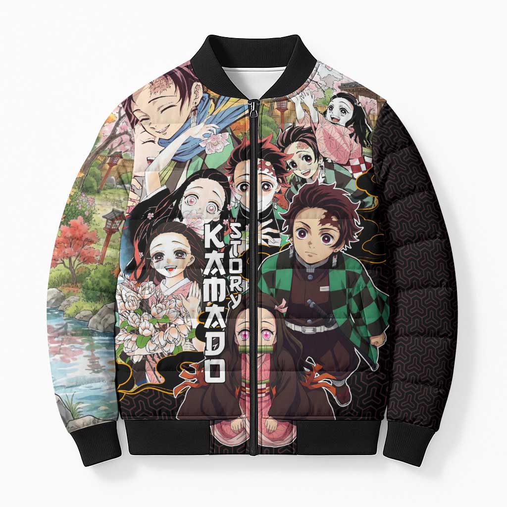 Kamado Siblings Demon Slayer Collage Design Bomber Puffer Jacket with Tanjiro and Nezuko in Scenic Background - The Mazicc