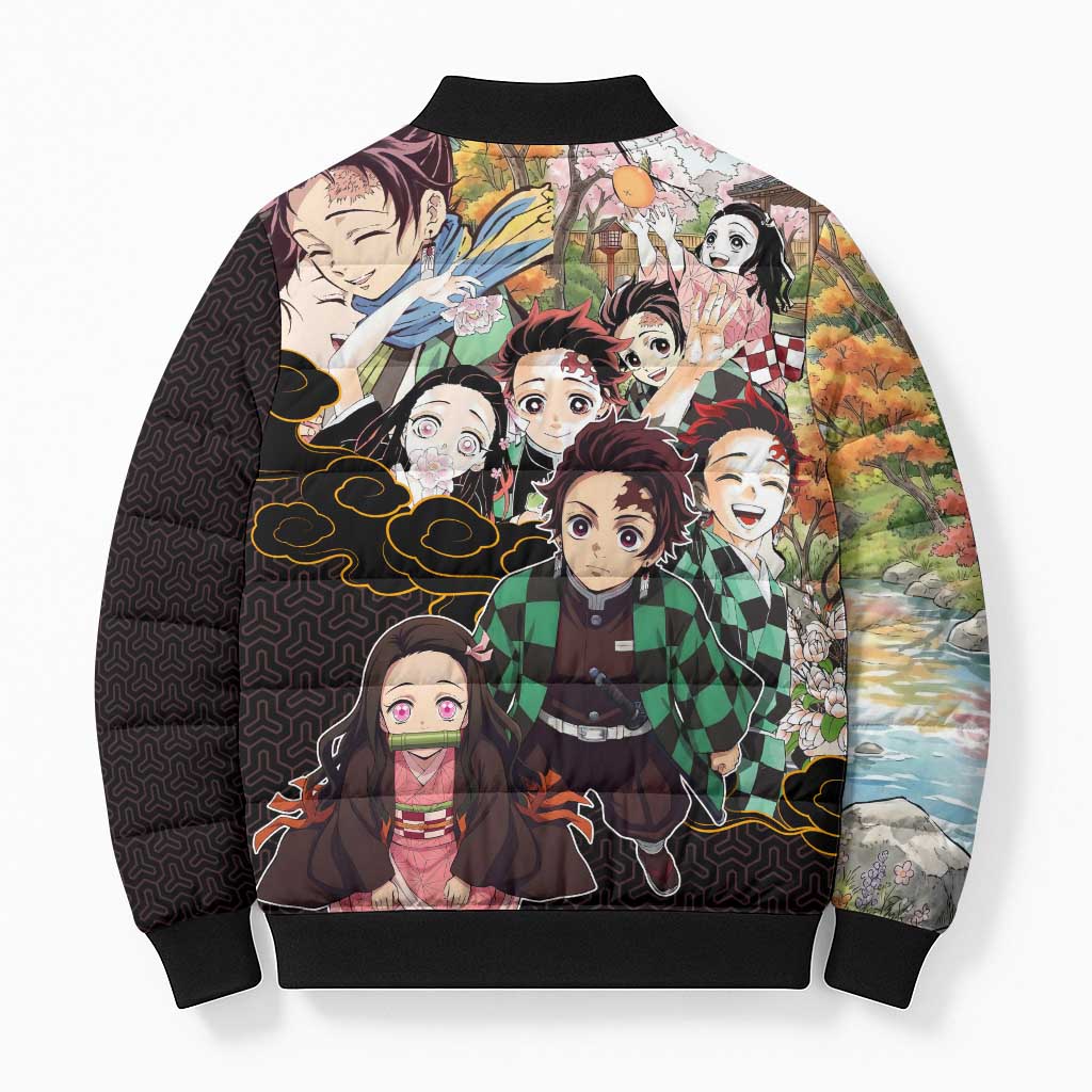 Kamado Siblings Demon Slayer Collage Design Bomber Puffer Jacket with Tanjiro and Nezuko in Scenic Background - The Mazicc
