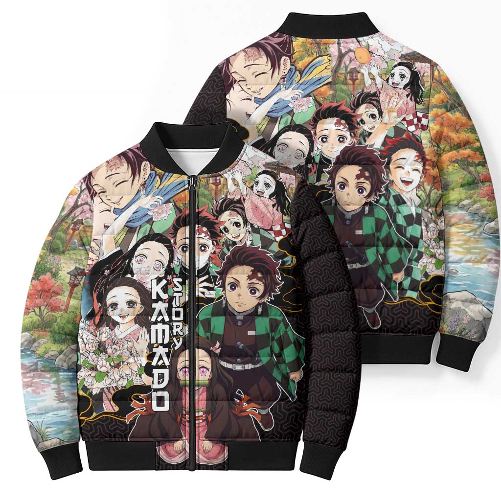 Kamado Siblings Demon Slayer Collage Design Bomber Puffer Jacket with Tanjiro and Nezuko in Scenic Background - The Mazicc