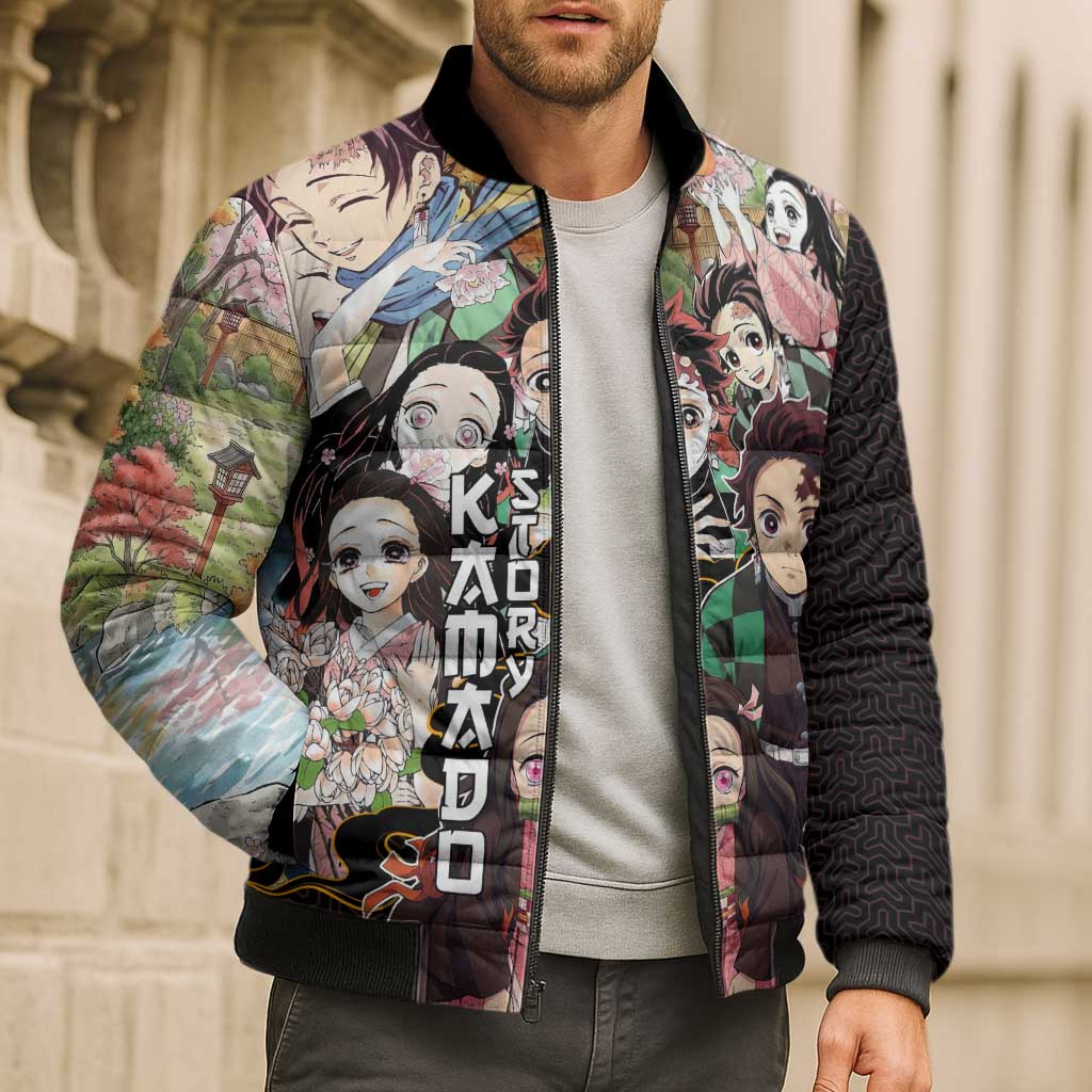Kamado Siblings Demon Slayer Collage Design Bomber Puffer Jacket with Tanjiro and Nezuko in Scenic Background - The Mazicc