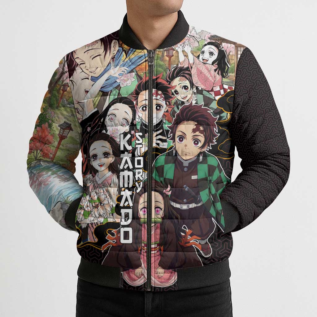 Kamado Siblings Demon Slayer Collage Design Bomber Puffer Jacket with Tanjiro and Nezuko in Scenic Background - The Mazicc